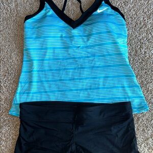 Nike turquoise stripes top and black  swim shorts, medium